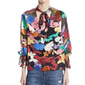 Alice + Olivia Mora Tie-Neck Floral Blouson-Sleeve Blouse Small